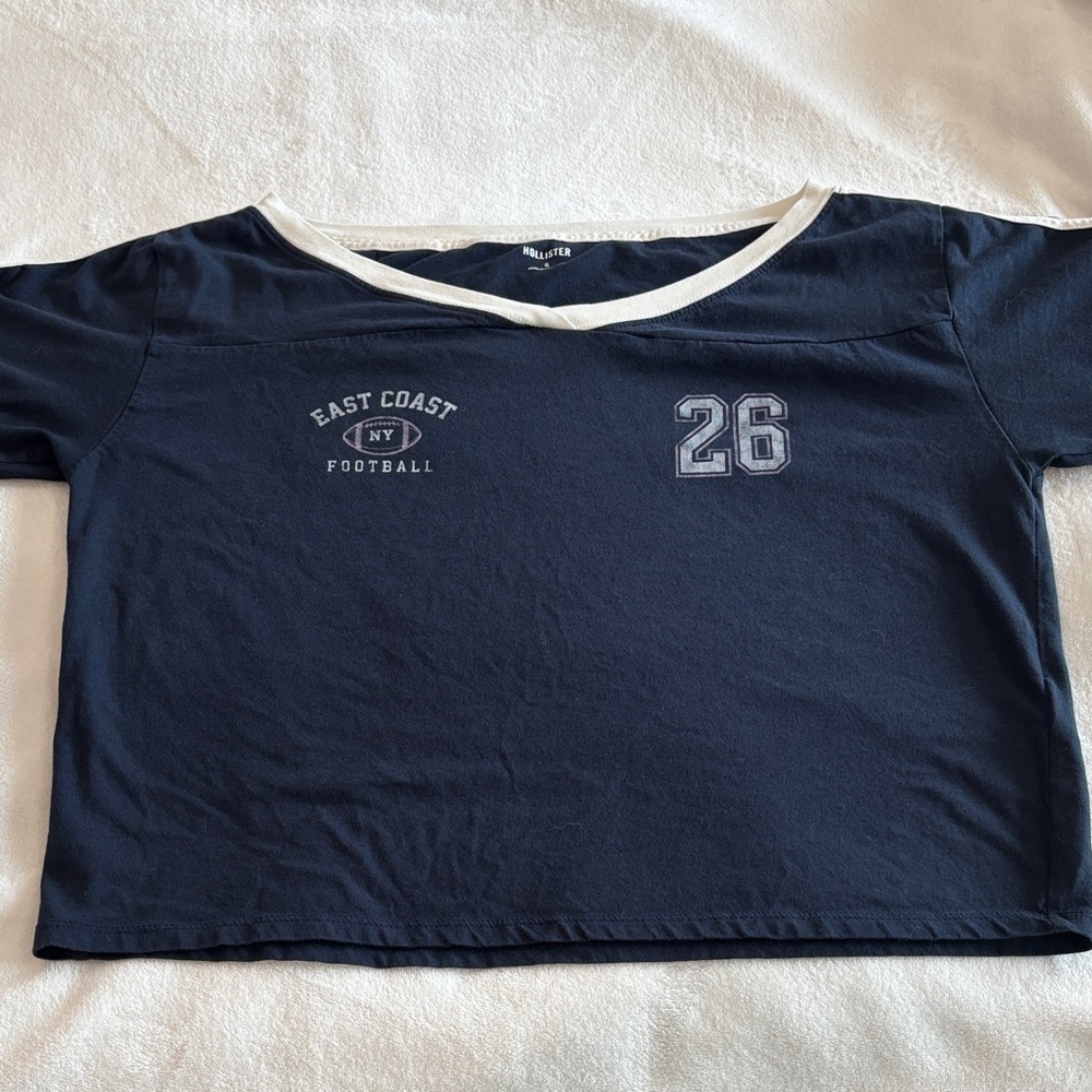 Hollister Navy Blue Football Tee with White Trim